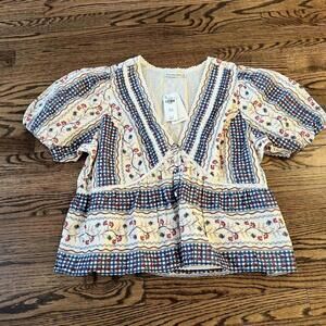 Whithe blue red floral lace puff sleeve Abercrombie blouse top new